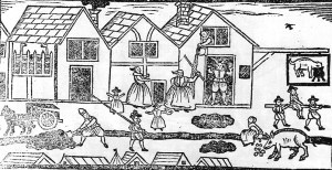Tudor life woodcut of street scene