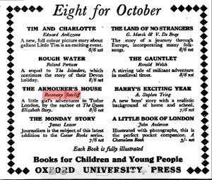 Advertisement for Rosemary Sutclif’s The Armourer’s House