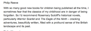 Philip Reeve recommended Rosemary Sutcliff reading